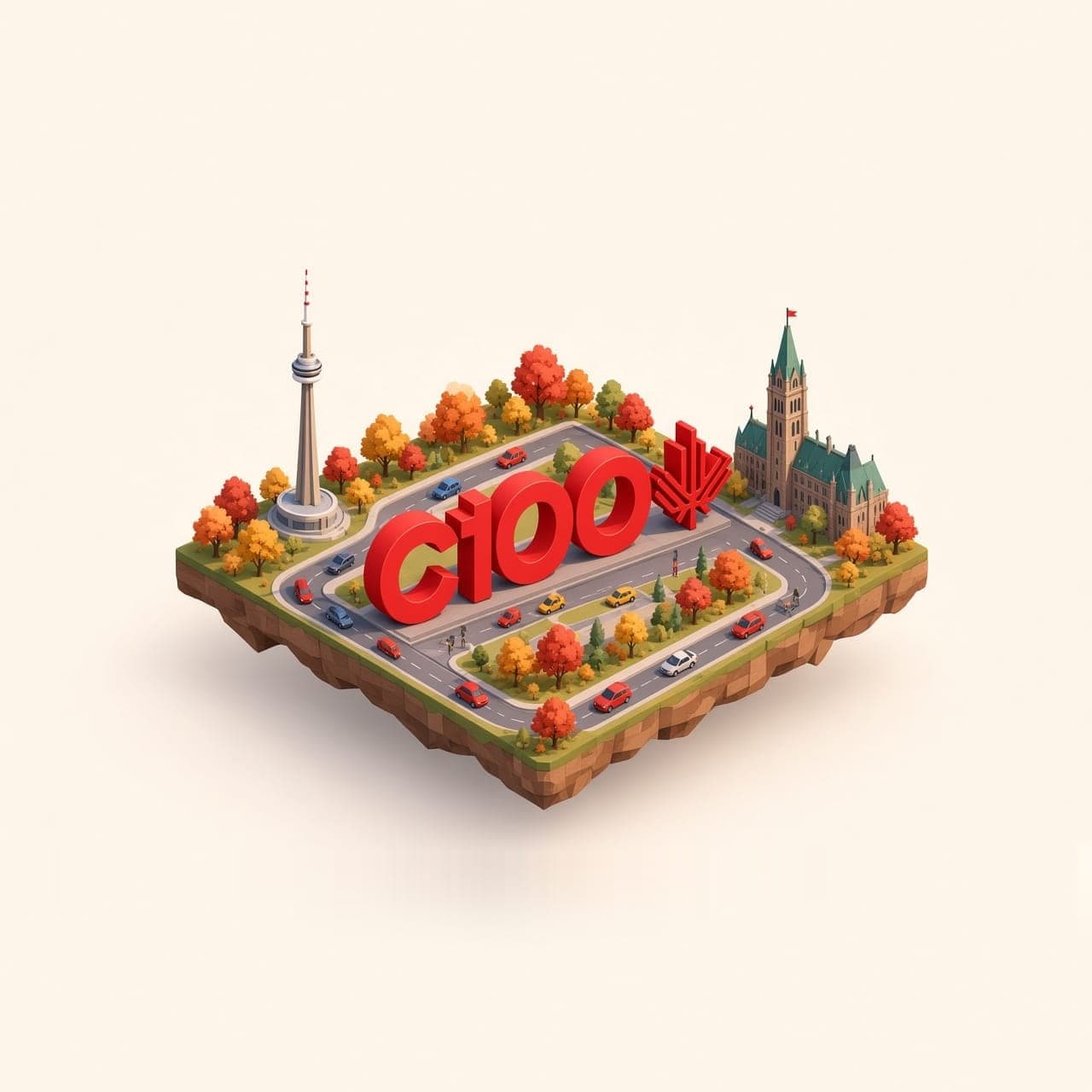 A floating island with the CN Tower, a looping road, and a red C100 sculpture